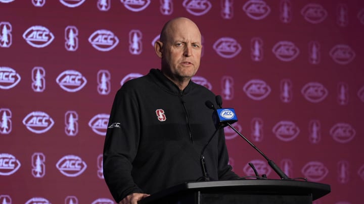 Jul 23, 2024; Charlotte, NC, USA;  Stanford head coach Troy Taylor answers questions from the media during the ACC Kickoff at Hilton Charlotte Uptown. Mandatory Credit: Jim Dedmon-USA TODAY Sports