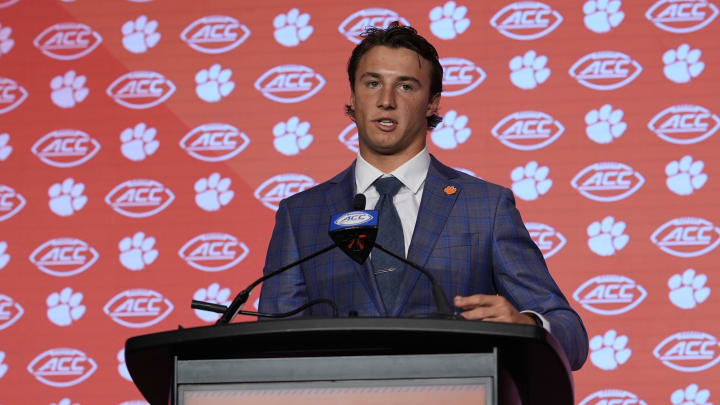 Jul 25, 2024; Charlotte, NC, USA;  Clemson Tigers quarterback Cade Klubnik speaks to the media during the ACC Kickoff at Hilton Charlotte Uptown. 