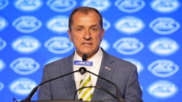 Jul 22, 2024; Charlotte, NC, USA; ACC commissioner Jim Phillips speaks to the media during ACC Kickoff at Hilton Charlotte Uptown. Mandatory Credit: Jim Dedmon-USA TODAY Sports