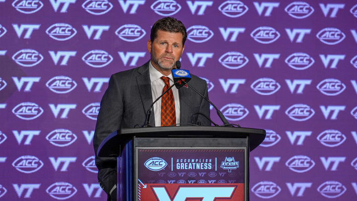 Jul 23, 2024; Charlotte, NC, USA; Virginia Tech head coach Brent Pry answers questions from the media during the ACC Kickoff at Hilton Charlotte Uptown. Mandatory Credit: Jim Dedmon-USA TODAY Sports