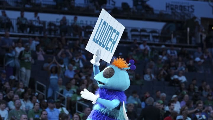 Apr 1, 2024; Charlotte, North Carolina, USA; Charlotte Hornets mascot Hugo during the first quarter against the Boston Celtics at Spectrum Center. Mandatory Credit: Jim Dedmon-USA TODAY Sports