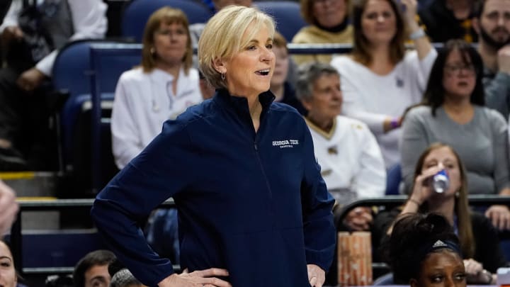 Mar 6, 2020; Greensboro, NC, UCA; Georgia Tech Yellow Jackets head coach Nell Fortner looks on during the first half against the NC State Wolfpack at Greensboro Coliseum. Mandatory Credit: Jim Dedmon-USA TODAY Sports