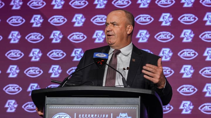 Jul 24, 2024; Charlotte, NC, USA; Boston College Eagles head coach Bill O'Brien talks with the media during the ACC Kickoff at Hilton Charlotte Uptown. Mandatory Credit: Jim Dedmon-USA TODAY Sports