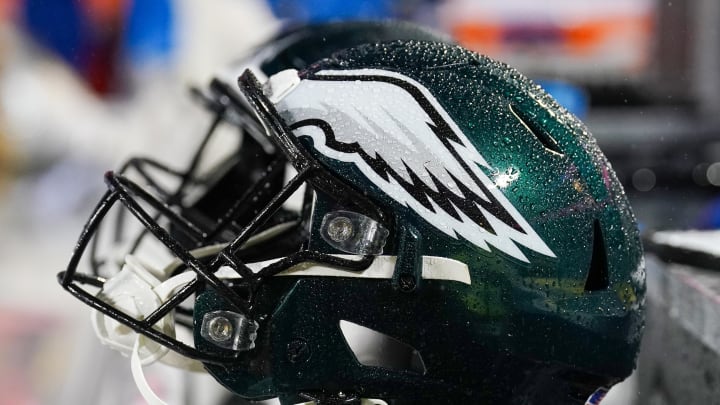 Nov 20, 2023; Kansas City, Missouri, USA; A general view of a Philadelphia Eagles helmet against the Kansas City Chiefs prior to a game at GEHA Field at Arrowhead Stadium. Mandatory Credit: Denny Medley-USA TODAY Sports