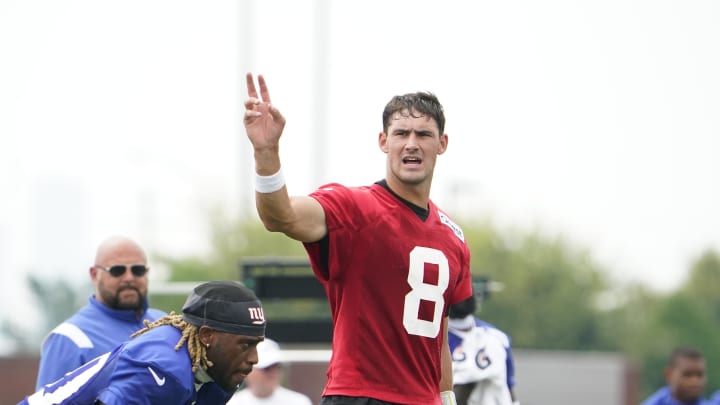 Jul 27, 2023; East Rutherford, NJ, USA;  New York Giants quarterback Daniel Jones (8) gestures on day two of training camp at the Quest Diagnostics Training Facility.  