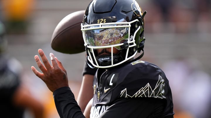 Aug 29, 2024; Boulder, Colorado, USA; Colorado Buffaloes quarterback Shedeur Sanders (2) before the game against the North Dakota State Bison at Folsom Field.  