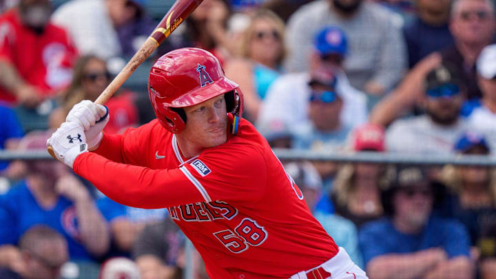 Mar 16, 2024; Tempe, Arizona, USA; Los Angeles Angels infielder Eric Wagaman (58) at bat in the eighth during a spring training game against the Chicago Cubs at Tempe Diablo Stadium.