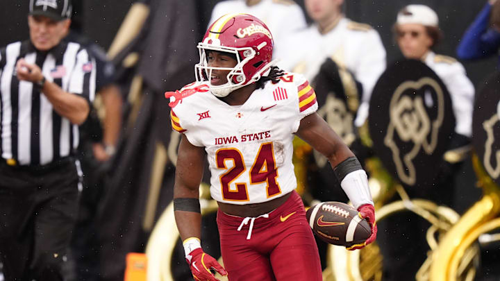 Oct 11, 2025; Boulder, Colorado, USA; Iowa State Cyclones running back Abu Sama (24) celebrates his touchdown carry in the second quarter against the Colorado Buffaloes at Folsom Field. Mandatory Credit: Ron Chenoy-Imagn Images