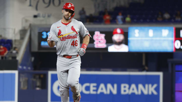 Jun 18, 2024; Miami, Florida, USA; St. Louis Cardinals first baseman Paul Goldschmidt (46) rounds the bases after hitting two run home run against the Miami Marlins in the first inning at loanDepot Park. Mandatory Credit: Rhona Wise-USA TODAY Sports