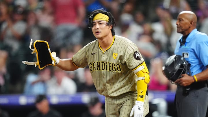 Aug 16, 2024; Denver, Colorado, USA; San Diego Padres shortstop Ha-Seong Kim (7) reacts after striking out in the eighth inning against the Colorado Rockies at Coors Field. Mandatory Credit: Ron Chenoy-Imagn Images