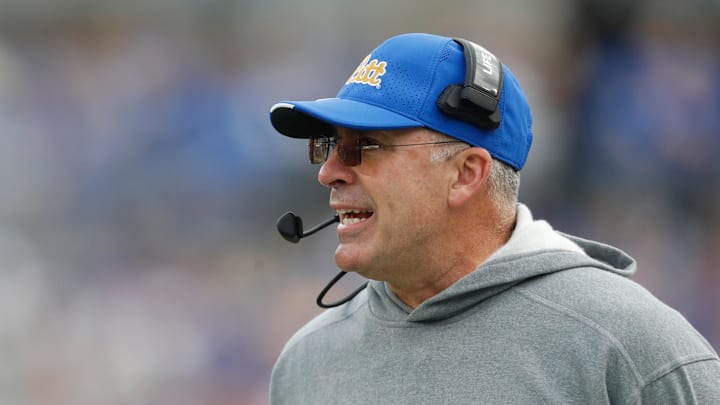 Nov 4, 2023; Pittsburgh, Pennsylvania, USA;  Pittsburgh Panthers head coach Pat Narduzzi reacts on the sidelines against the Florida State Seminoles during the first quarter at Acrisure Stadium. Mandatory Credit: Charles LeClaire-Imagn Images