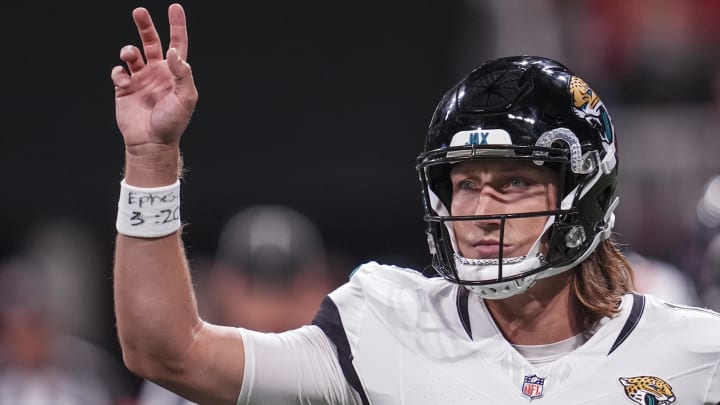 Aug 23, 2024; Atlanta, Georgia, USA; Jacksonville Jaguars quarterback Trevor Lawrence (16) gestures on the field during the game against the Atlanta Falcons during the first half at Mercedes-Benz Stadium. Mandatory Credit: Dale Zanine-USA TODAY Sports