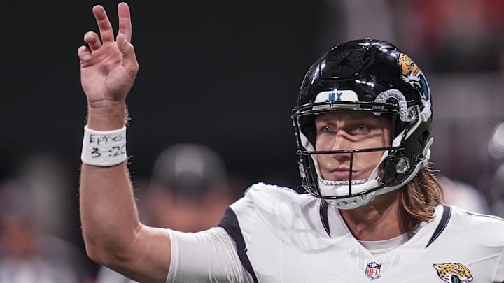 Aug 23, 2024; Atlanta, Georgia, USA; Jacksonville Jaguars quarterback Trevor Lawrence (16) gestures on the field during the game against the Atlanta Falcons during the first half at Mercedes-Benz Stadium. Mandatory Credit: Dale Zanine-Imagn Images