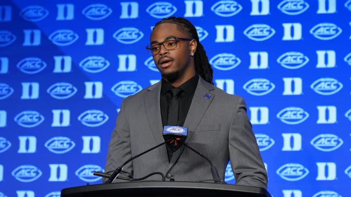 Jul 24, 2024; Charlotte, NC, USA; Duke Blue Devils quarterback Maalik Murphy speaks to the media during the ACC Kickoff at Hilton Charlotte Uptown. Mandatory Credit: Jim Dedmon-USA TODAY Sports