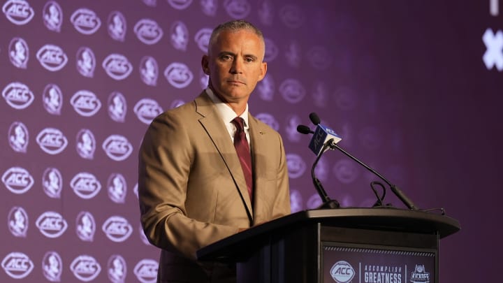 Jul 22, 2024; Charlotte, NC, USA;  Florida State head coach Mike Norvell speaks to the media during ACC Kickoff at Hilton Charlotte Uptown. Mandatory Credit: Jim Dedmon-USA TODAY Sports