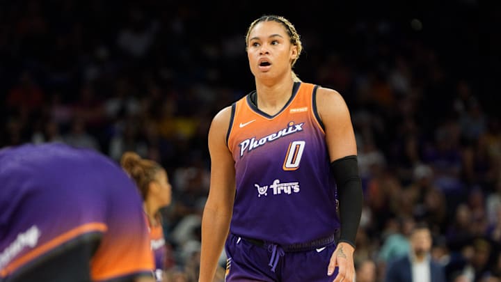 Sep 14, 2025; Phoenix, Arizona, USA; Phoenix Mercury forward Satou Sabally (0) reacts between plays during the second half against the New York Liberty during game one of the 2025 WNBA Playoffs round one at PHX Arena. Mandatory Credit: Allan Henry-Imagn Images Sep 14, 2025; Phoenix, Arizona, USA; Phoenix Mercury forward Satou Sabally (0) reacts between plays during the second half against the New York Liberty during game one of the 2025 WNBA Playoffs round one at PHX Arena. Mandatory Credit: Allan Henry-Imagn Images