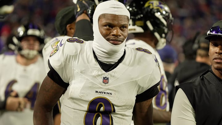 Baltimore Ravens quarterback Lamar Jackson gets ready to take the field during the second half of their game against the Baltimore Ravens at Highmark Stadium in Orchard Park on Sept. 7, 2025.