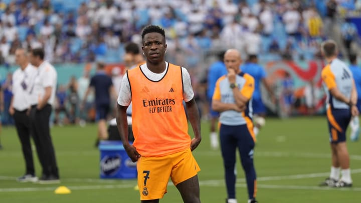 Aug 6, 2024; Charlotte, NC, USA; Real Madrid forward Vinicius Junior (7) warms up during the first half against Chelsea at Bank of America Stadium.