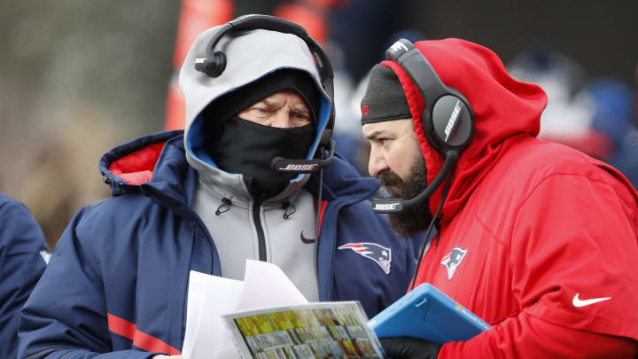 Dec 31, 2017; Foxborough, MA, USA; New England Patriots head coach Bill Belichick talks with defensive coordinator Matt Patricia during the second quarter of New England's 26-6 win over the New York Jets at Gillette Stadium. Mandatory Credit: Winslow Townson-USA TODAY Sports Dec 31, 2017; Foxborough, MA, USA; New England Patriots head coach Bill Belichick talks with defensive coordinator Matt Patricia during the second quarter of New England's 26-6 win over the New York Jets at Gillette Stadium. Mandatory Credit: Winslow Townson-USA TODAY Sports