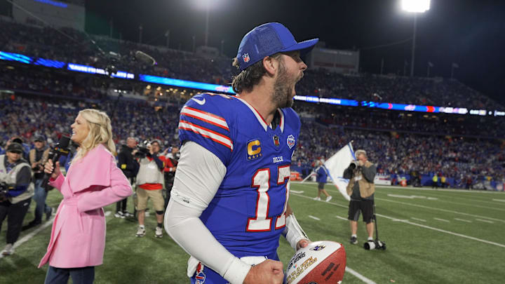Buffalo Bills quarterback Josh Allen yells after his team won 41-40 in the final seconds against the Baltimore Ravens at Highmark Stadium in Orchard Park.