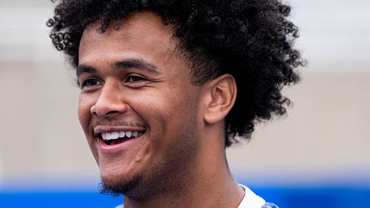 Kentucky quarterback Kenny Minchey speaks with reporters during media availability at Kroger Field before the start of fall camp in Lexington, Ky., on Aug. 3, 2026. Minchey is expected to lead the Wildcats into the 2026 season.