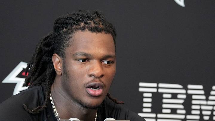 Jul 30, 2026; Atlanta, Falcons, USA; Atlanta Falcons linebacker Kendal Daniels (53) meets with the media during training camp at IBM Performance Field. Mandatory Credit: Dale Zanine-Imagn Images