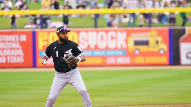 Mar 19, 2023; Peoria, Arizona, USA;  Chicago White Sox infielder Elvis Andrus (1) looks to throw the