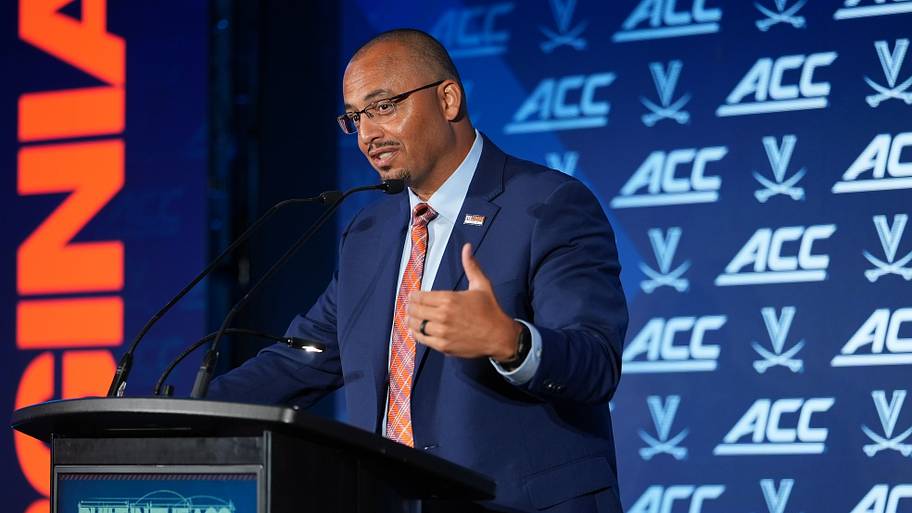 Virginia head coach Tony Elliott speaks to the media during ACC Media Days at Hilton Charlotte Uptown.