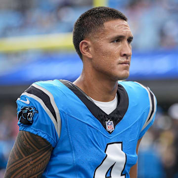 Aug 8, 2025; Charlotte, North Carolina, USA; Carolina Panthers wide receiver Tetairoa McMillan (4) during the first quarter against the Cleveland Browns at Bank of America Stadium. Mandatory Credit: Jim Dedmon-Imagn Images