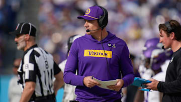 Minnesota Vikings head coach Kevin O'Connell surveys the field during the second quarter against the Tennessee Titans at Nissan Stadium in Nashville, Tenn., Sunday, Nov. 17, 2024.