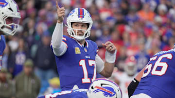 Buffalo Bills quarterback Josh Allen signals to the offensive line during first half action against the Kansas City Chiefs at Highmark Stadium in Orchard Park on Nov. 2, 2025.