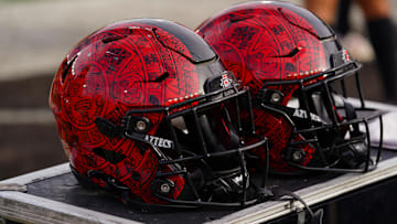 Oct 12, 2024; Laramie, Wyoming, USA; A general view of San Diego State Aztecs helmets against the Wyoming Cowboys during the fourth quarter at Jonah Field at War Memorial Stadium.