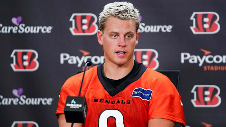 Joe Burrow speaks at a press conference after training, Wednesday, Sept. 4, 2024, at Paycor Stadium in Cincinnati.