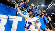 Buffalo Bills quarterback Josh Allen (17) waves at fans after 48-42 win over Detroit Lions at Ford Field in Detroit on Sunday, Dec. 15, 2024.