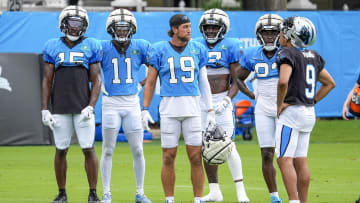 Jul 30, 2024; Charlotte, NC, USA; Carolina Panthers wide receiver Jonathan Mingo (15), wide receiver Ihmir Smith-Marsette (11), wide receiver Adam Thielen (19), wide receiver Deven Thompkins (12), wide receiver David Moore (83) and quarterback Bryce Young (9) during training camp at Carolina Panthers Practice Fields. Mandatory Credit: Jim Dedmon-USA TODAY Sports