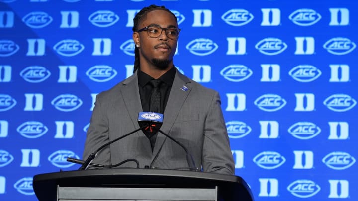 Jul 24, 2024; Charlotte, NC, USA; Duke Blue Devils quarterback Maalik Murphy speaks to the media during the ACC Kickoff at Hilton Charlotte Uptown. Mandatory Credit: Jim Dedmon-USA TODAY Sports