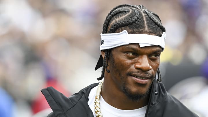 Aug 17, 2024; Baltimore, Maryland, USA;  Baltimore Ravens quarterback Lamar Jackson  walks on the sidelined during the second half against the Atlanta Falcons at M&T Bank Stadium. Mandatory Credit: Tommy Gilligan-USA TODAY Sports