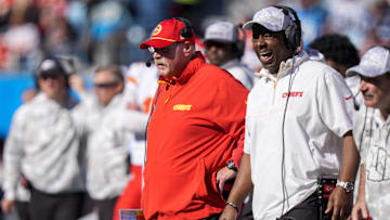 Nov 24, 2024; Charlotte, North Carolina, USA; Kansas City Chiefs head coach Andy Reid watches his offense during the first quarter against the Carolina Panthers at Bank of America Stadium. Mandatory Credit: Jim Dedmon-Imagn Images