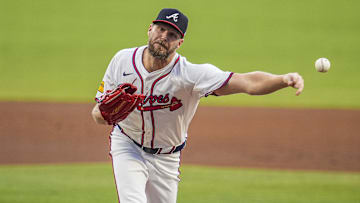 Sep 10, 2025; Cumberland, Georgia, USA; Atlanta Braves starting pitcher Chris Sale (51) pitches against the Chicago Cubs during the first inning at Truist Park. Mandatory Credit: Dale Zanine-Imagn Images