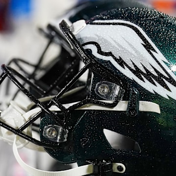 Nov 20, 2023; Kansas City, Missouri, USA; A general view of a Philadelphia Eagles helmet against the Kansas City Chiefs prior to a game at GEHA Field at Arrowhead Stadium. Mandatory Credit: Denny Medley-Imagn Images