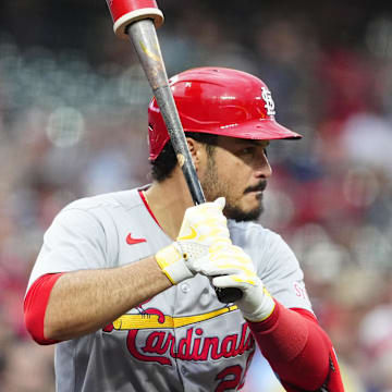 Jul 22, 2025; Denver, Colorado, USA; St. Louis Cardinals third baseman Nolan Arenado (28) on deck in the first inning against the Colorado Rockies at Coors Field. Mandatory Credit: Ron Chenoy-Imagn Images