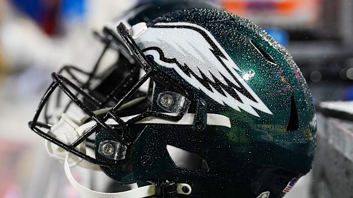 Nov 20, 2023; Kansas City, Missouri, USA; A general view of a Philadelphia Eagles helmet against the Kansas City Chiefs prior to a game at GEHA Field at Arrowhead Stadium. Mandatory Credit: Denny Medley-Imagn Images