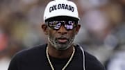 Oct 11, 2025; Boulder, Colorado, USA; Colorado Buffaloes head coach Deion Sanders before the game against the Iowa State Cyclones  at Folsom Field. Mandatory Credit: Ron Chenoy-Imagn Images