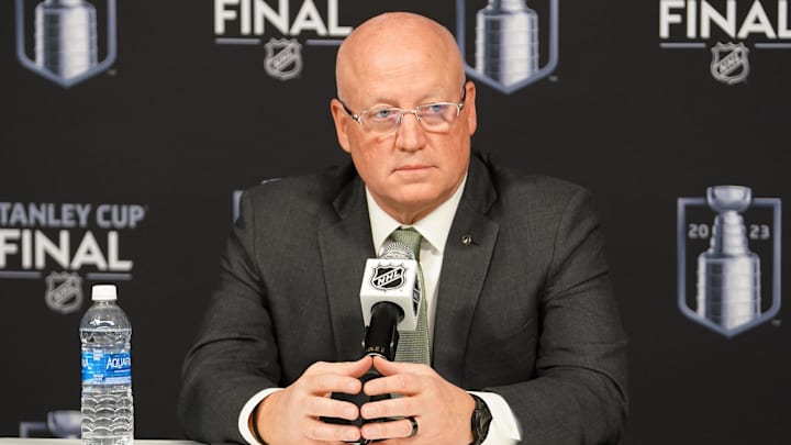 Jun 3, 2023; Las Vegas, Nevada, USA; NHL deputy commissioner Bill Daly speaks at a press conference before game one of the 2023 Stanley Cup Final between the Florida Panthers and Vegas Golden Knights at T-Mobile Arena. Mandatory Credit: Lucas Peltier-Imagn Images