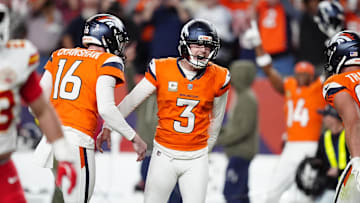 Broncos kicker Wil Lutz celebrates his game-winning filed goal in Denver's 22-19 win over Kansas City on Sunday.