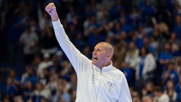 Kentucky Wildcats head coach Mark Pope thanks the fans during Big Blue Madness on Friday, Oct. 11, 2024 at Rupp Arena.