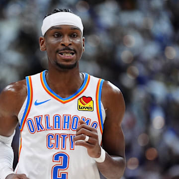 May 9, 2025; Denver, Colorado, USA; Oklahoma City Thunder guard Shai Gilgeous-Alexander (2) during the second half against the Denver Nuggets during game three of the second round for the 2025 NBA Playoffs at Ball Arena. Mandatory Credit: Ron Chenoy-Imagn Images