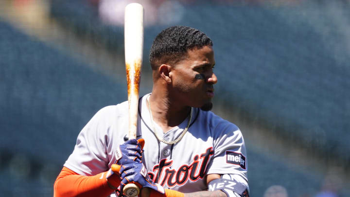May 8, 2025; Denver, Colorado, USA; Detroit Tigers third base Andy Ibanez (77) warms up before the game against the Colorado Rockies at Coors Field. Mandatory Credit: Ron Chenoy-Imagn Images