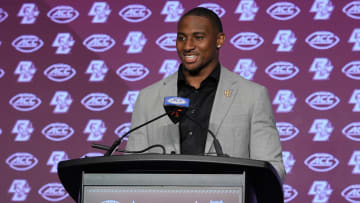 Jul 24, 2024; Charlotte, NC, USA; Boston College Eagles defensive end Donovan Ezeiruaku speaks to the media during the ACC Kickoff at Hilton Charlotte Uptown. Mandatory Credit: Jim Dedmon-USA TODAY Sports