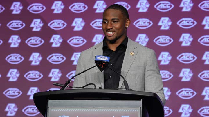 Jul 24, 2024; Charlotte, NC, USA; Boston College Eagles defensive end Donovan Ezeiruaku speaks to the media during the ACC Kickoff at Hilton Charlotte Uptown. Mandatory Credit: Jim Dedmon-USA TODAY Sports